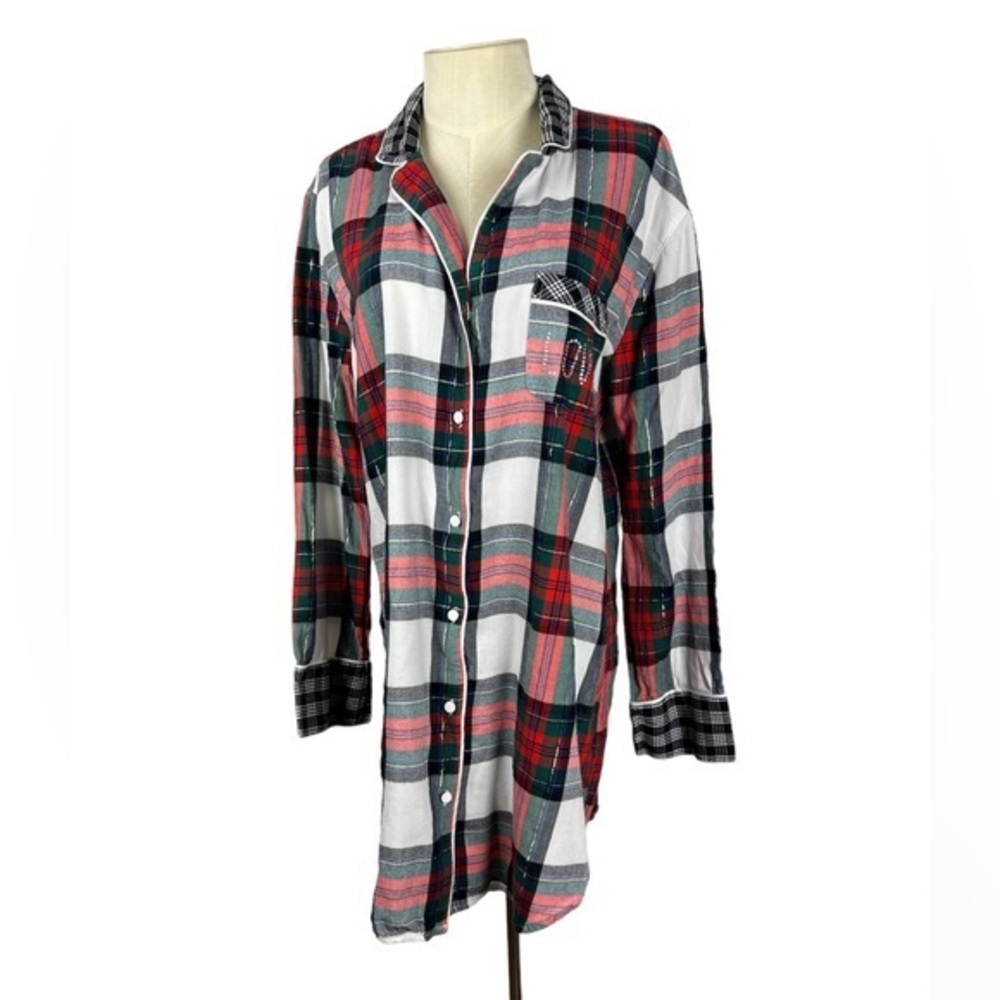 Victoria’s Secret mixed plaid nightshirt size M Christmas button‎ front pajamas